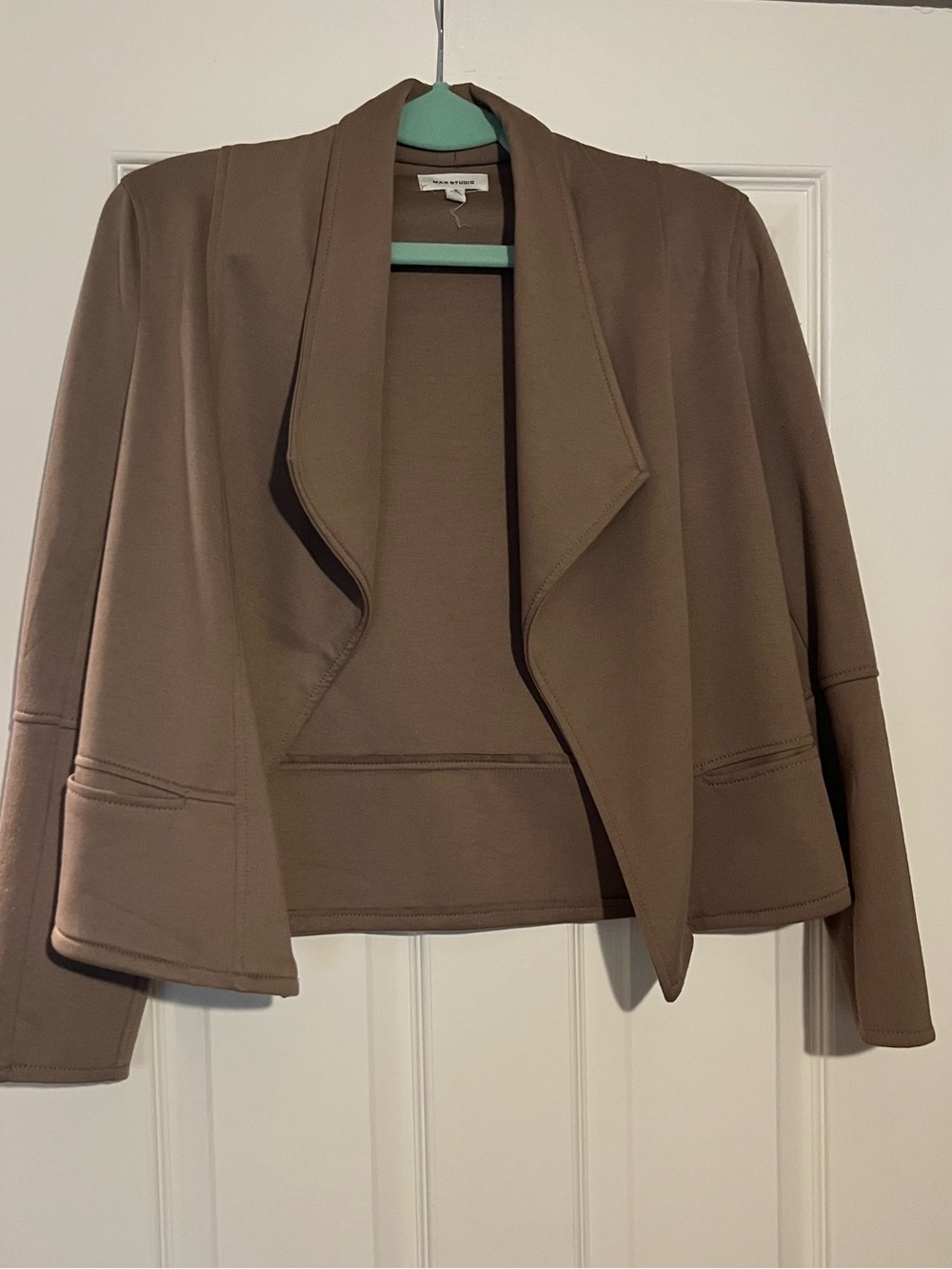 Max Studio Cropped Open-Front Blazer in Taupe Brown